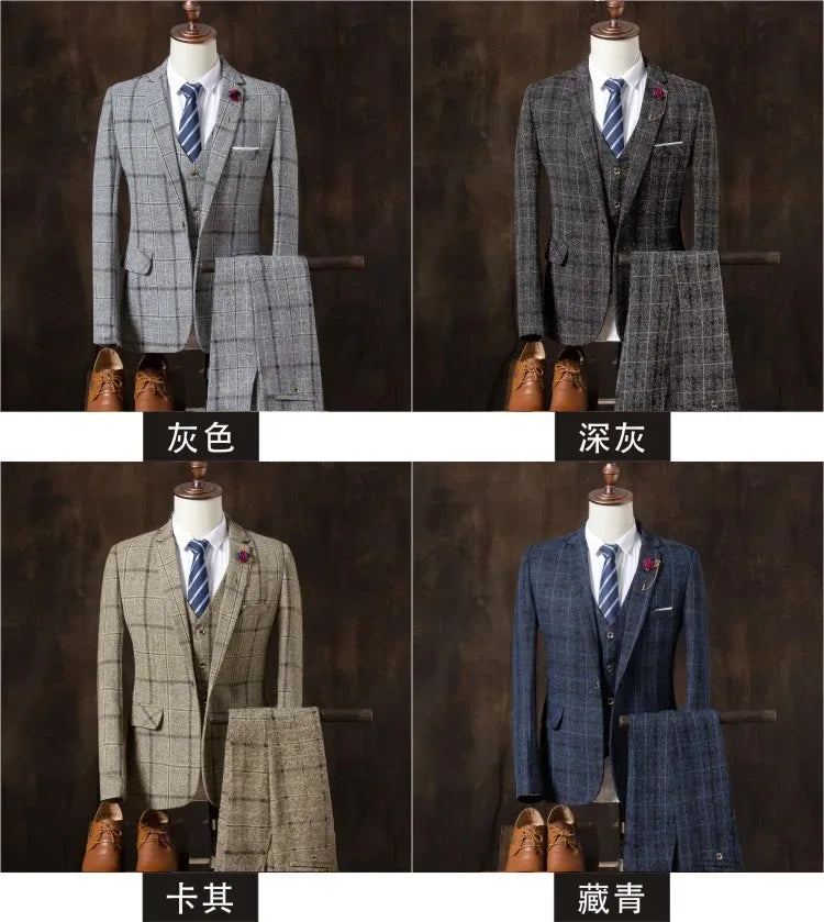 Formal Groom Wear 3 Piece (Blazer+ Vest + Pants) Men's Suit Fashion Business Gentleman Wedding Casual Plaid Cotton Linen Jacket - Luvia