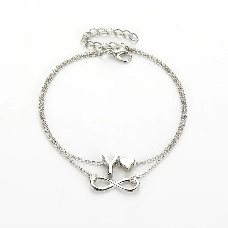 Boho Initial Anklet Heart Infinity Silver Color Ankle Bracelet on Leg Chain 26 Letter Anklets For Women Ankle Beach Foot Jewelry - Luvia