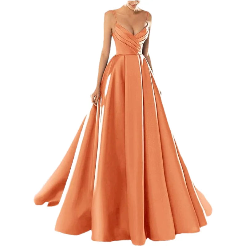 Customized Women's Satin Prom Dresses Formal Gowns Long Spaghetti Strap V-Neck A-line Simple Evening Party Dress with Pockets