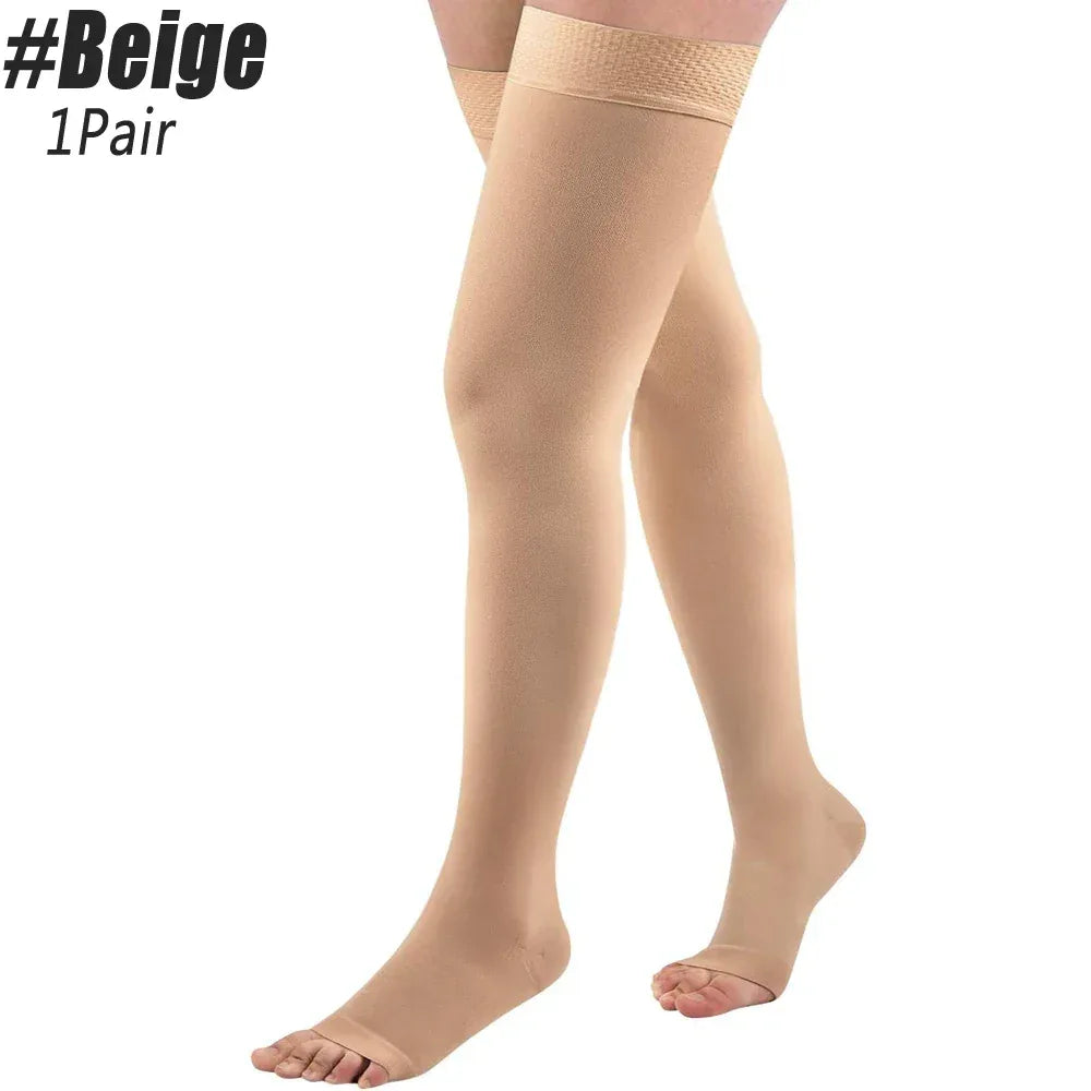 1Pair Relief Thigh High Graduated Compression Socks, 20-30 mmHg - Comfortable Unisex Design with Silicone Dot Band - Open Toe - Luvia