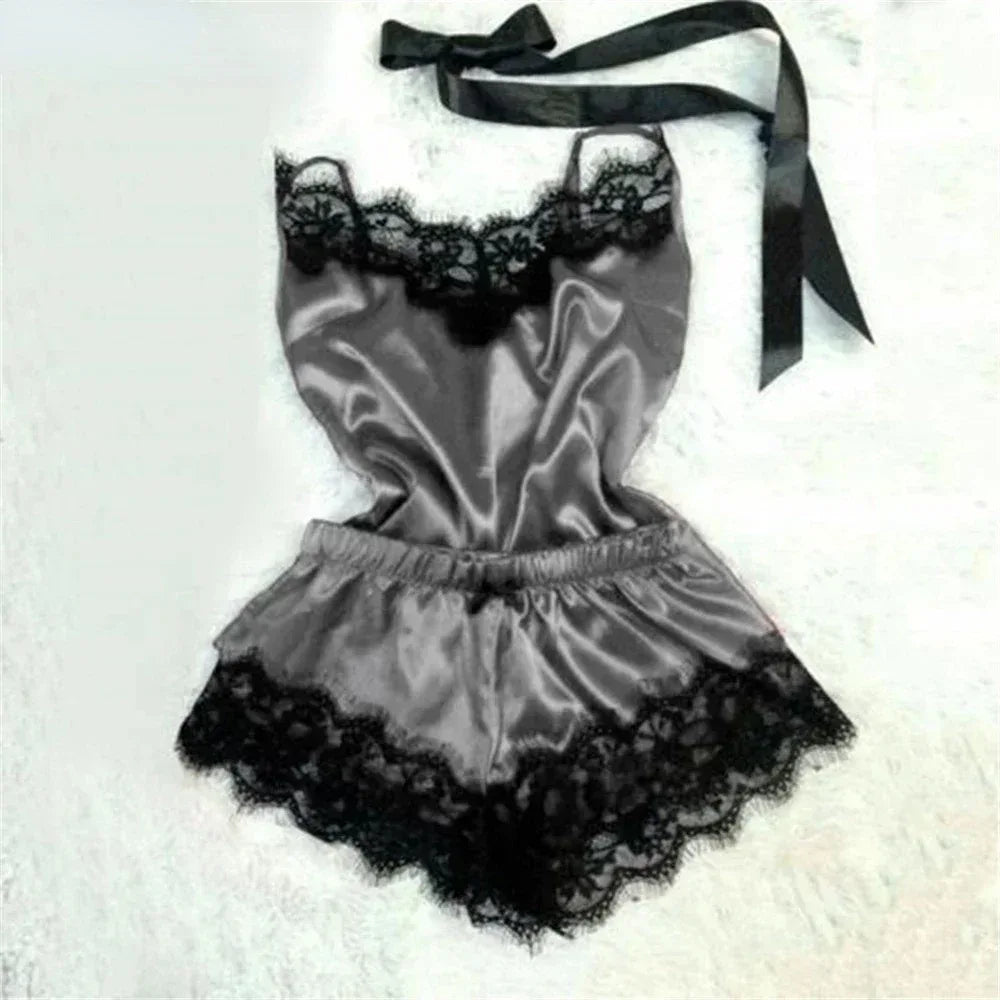 Summer Lace Silk Pajama Set for Women Sleepwear Sexy Lingerie Cami Top and Shorts Sets Comfortable Casual Pijamas - Luvia
