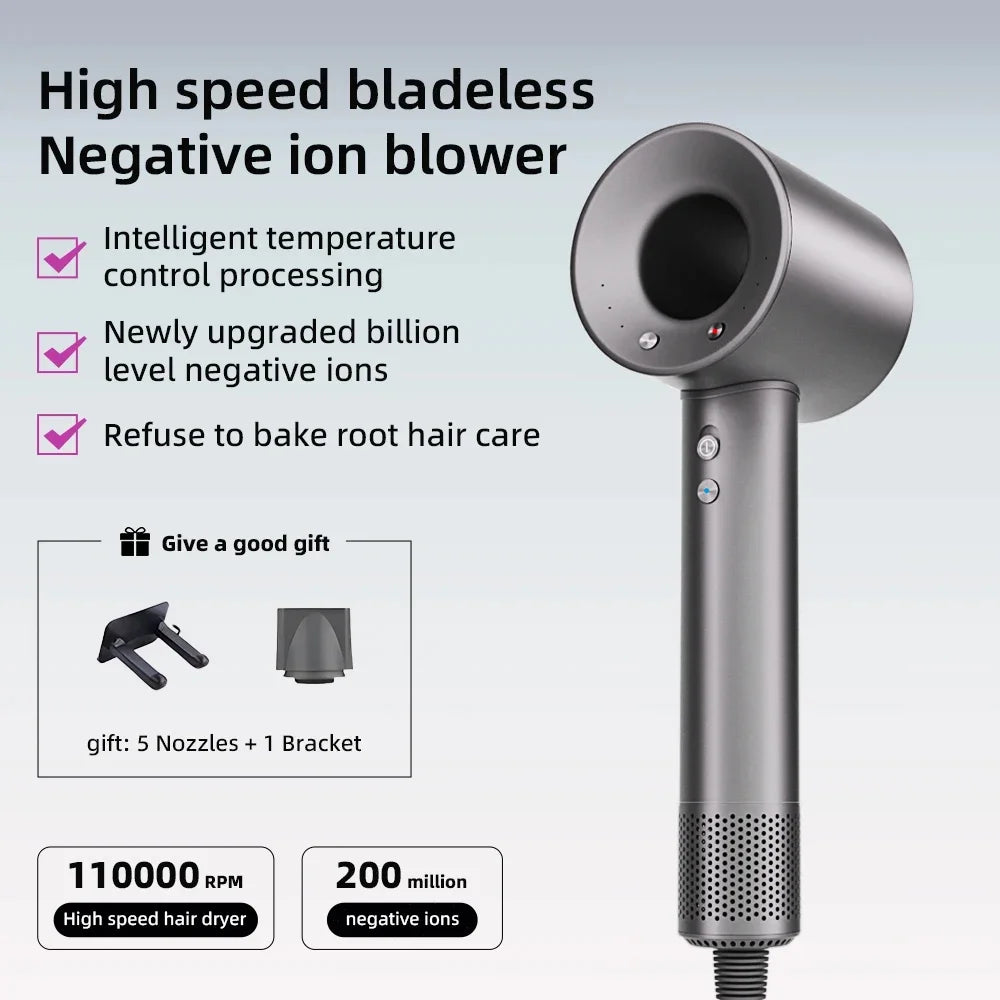 2025 Professional Leafless Hair Dryer Negative Ion Attachment Negative Ion Salon Tool Home Travel Portable Electric Hair Dryer