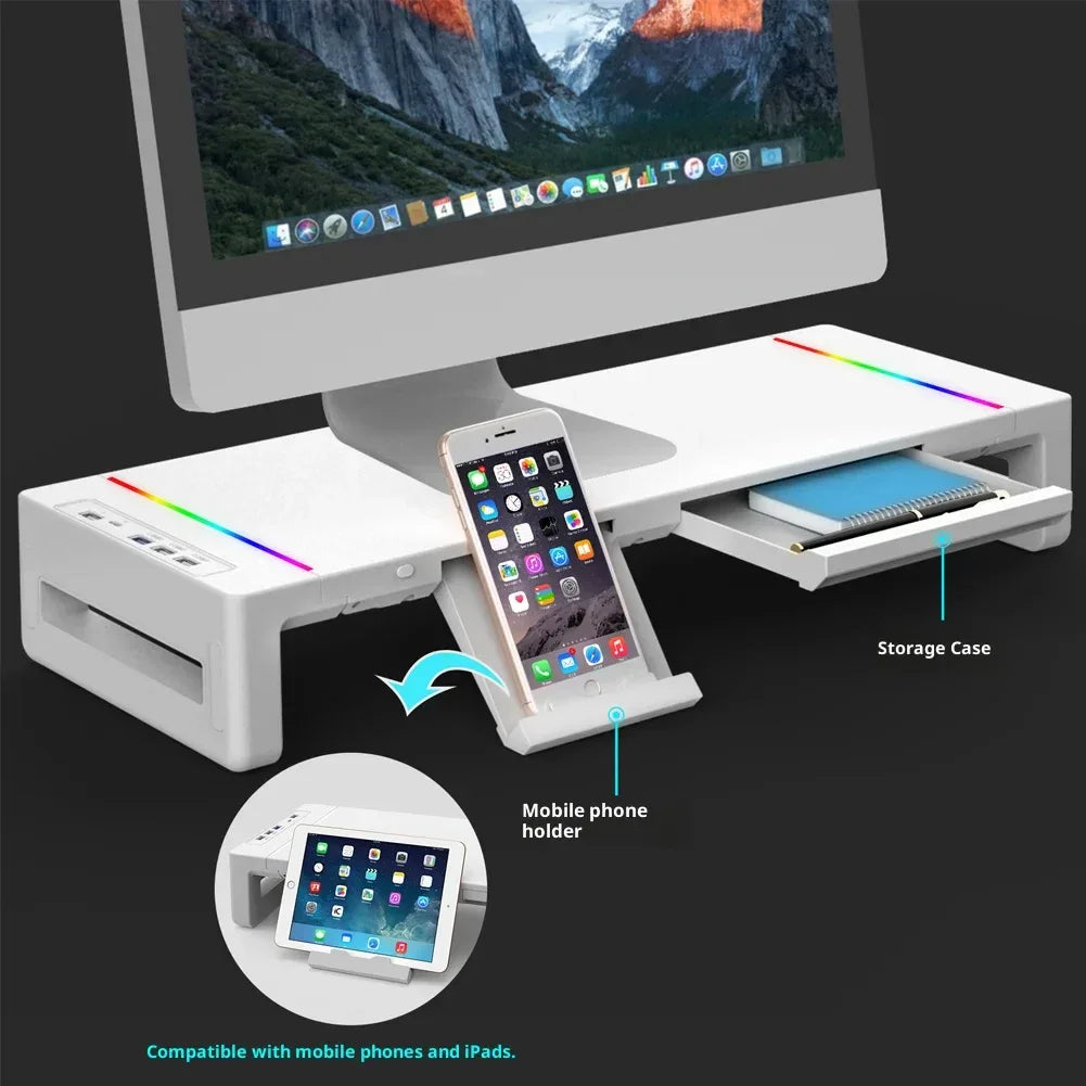 Adjustable Laptop Stand Riser with USB 3.0 Hub, 13Models 7-Color LED, Phone Mount, Storage Drawer - Luvia