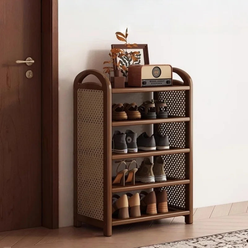 Multi layer shoe rack, retro style rattan woven simple home door shoe cabinet, large capacity storage rack for entrance doors