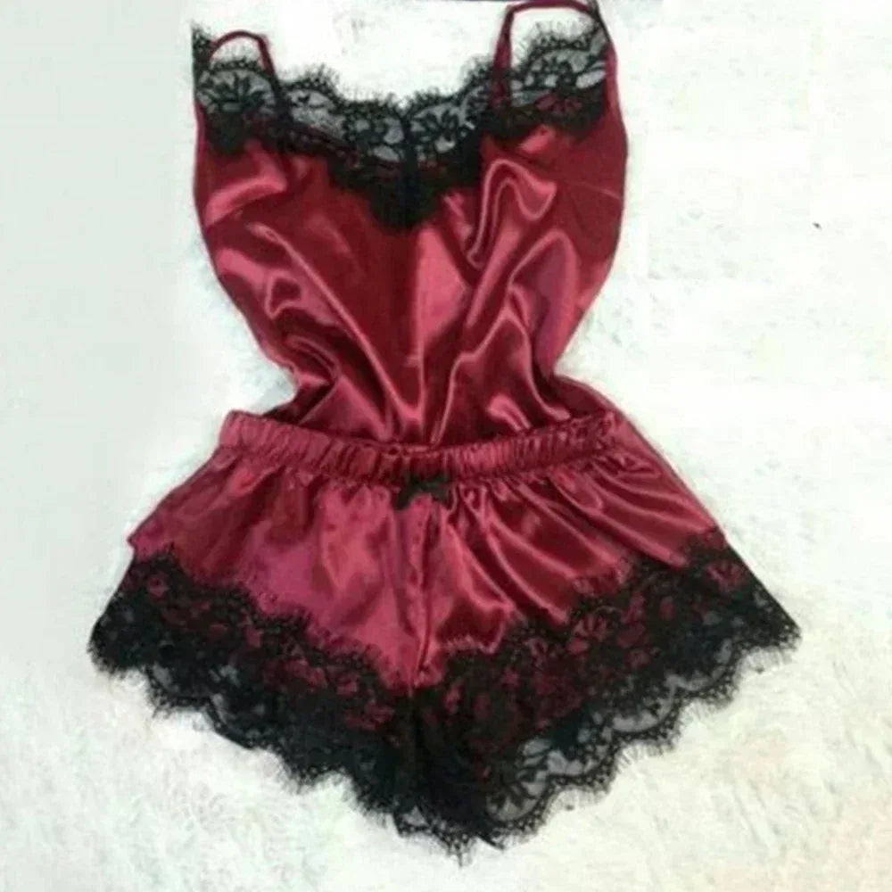 Summer Lace Silk Pajama Set for Women Sleepwear Sexy Lingerie Cami Top and Shorts Sets Comfortable Casual Pijamas - Luvia