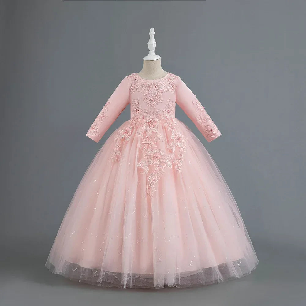 Formal Dress for Elegant Party Girls Dresses Long Sleeve Embroidery Girl's Ceremonial Clothes 5 to 14 Years - Luvia