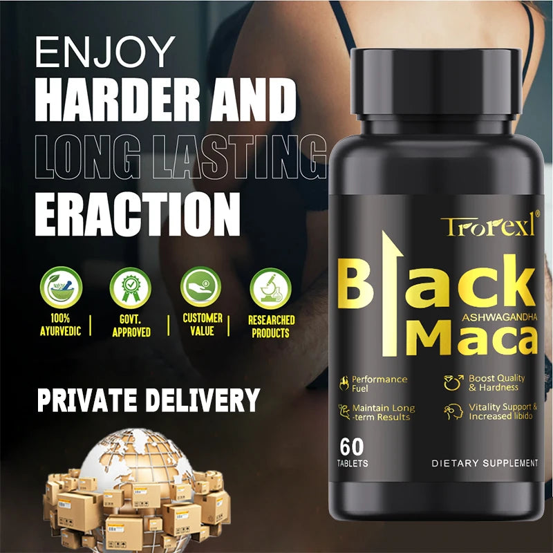 Natural Black Maca with Ashwagandha, Male Enhancing Supplements, Stamina & Energy, Supports Reproductive Health