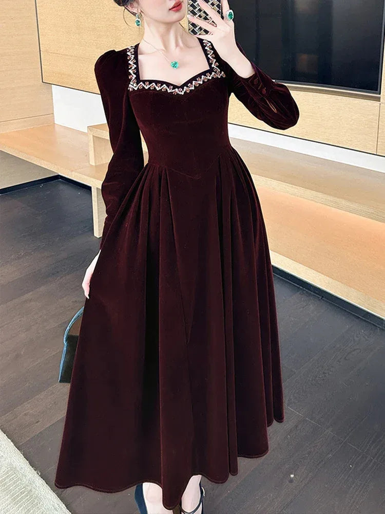 French Style Elegant Lady Dresses for Women Clothing Retro Velvet Diamonds Swing Long Robe Femme Party Prom Vestidos Spring New - Luvia