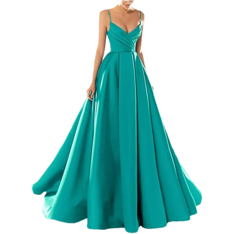 Customized Women's Satin Prom Dresses Formal Gowns Long Spaghetti Strap V-Neck A-line Simple Evening Party Dress with Pockets