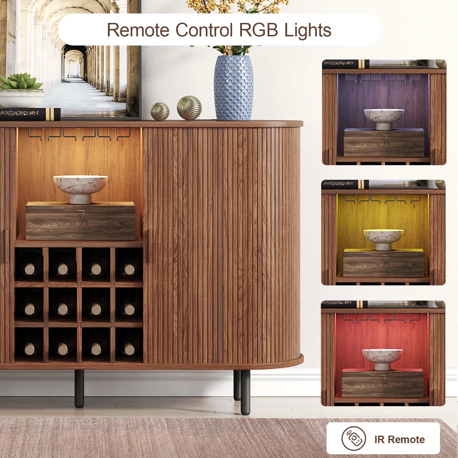 Wine Bar Cabinet w/ LED Light,Liquor Cabinet for Home,Coffee Bar Cabinet w/ Wine Rack & Glass Holder,Walnut Buffet Sideboard