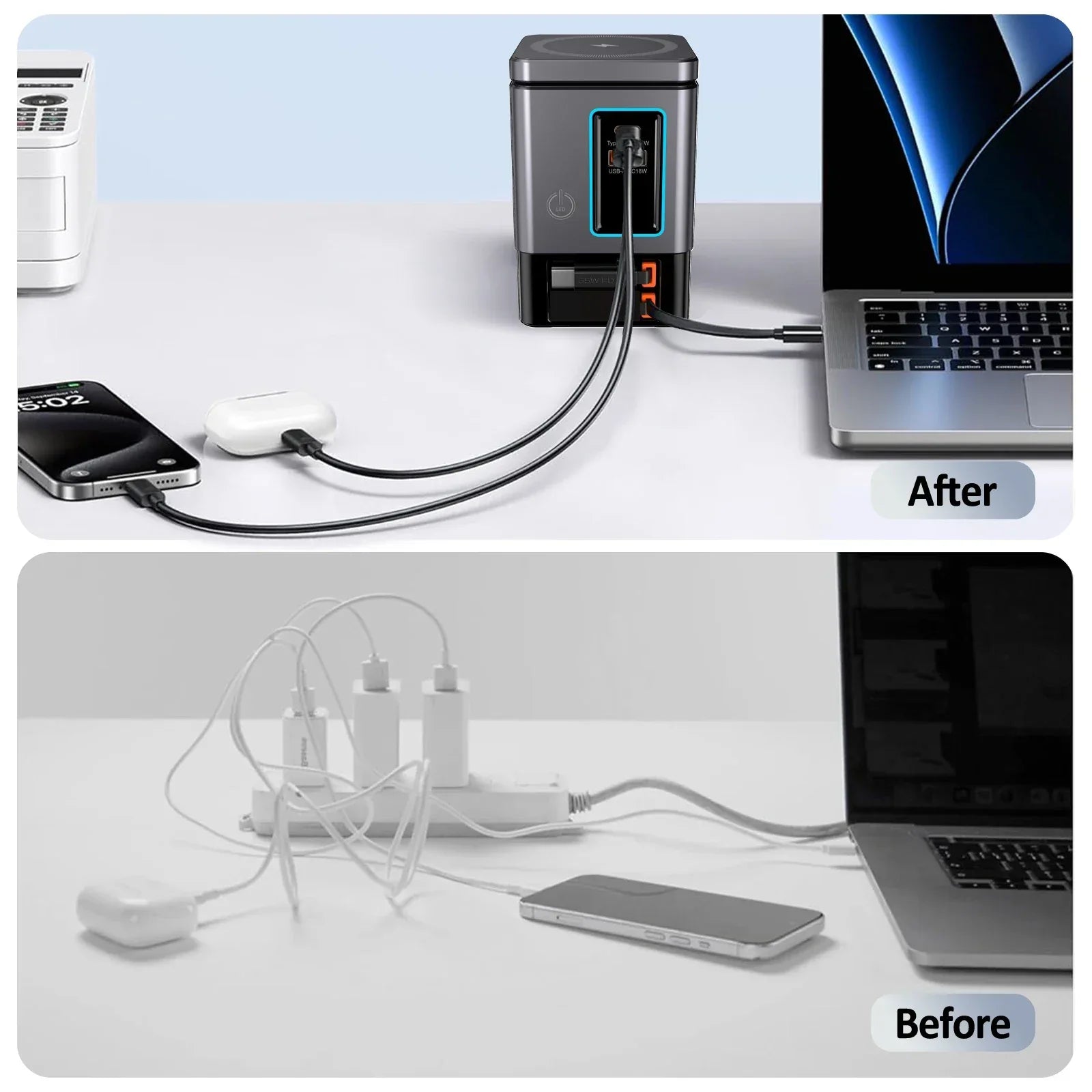 6-in-1 Charging Station with Retractable USB-C Cable Power Combo Tower 105W for Multiple Devices Fast Charger for iPhone Airpod - Luvia