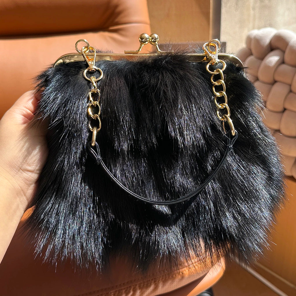Real Fur Women Handbags Women Luxury Fox Fur Bag Fashion Female Furry Handbag Real Leather Evening Bag Natural Fur Shoulder Bag