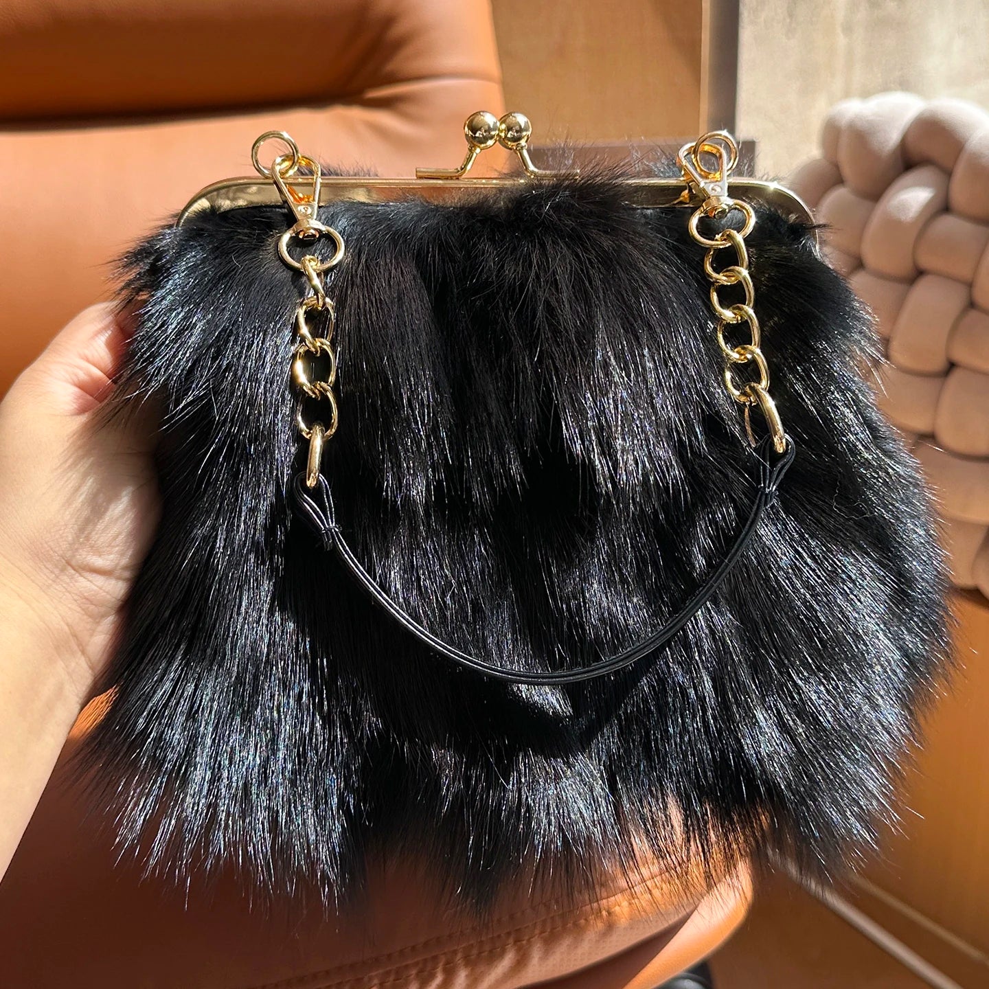 Real Fur Women Handbags Women Luxury Fox Fur Bag Fashion Female Furry Handbag Real Leather Evening Bag Natural Fur Shoulder Bag