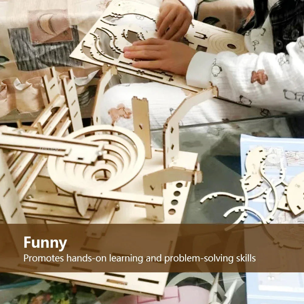 3D Wooden Puzzle DIY Mechanical Manual Model Building Kits Assemble Toys Marble Run Set with 4 Ball for Adult Kids Gifts - Luvia