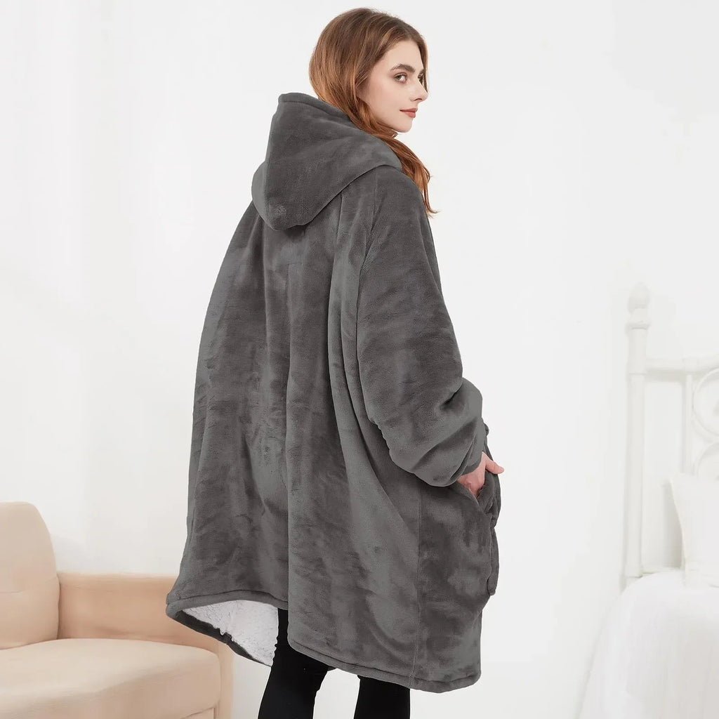 Oversized Wearable Blanket Hoodie with Sleeves Pocket Sherpa Fleece Blanket Sweatshirt Warm Thick Plush Heating Hooded Blankets - Luvia
