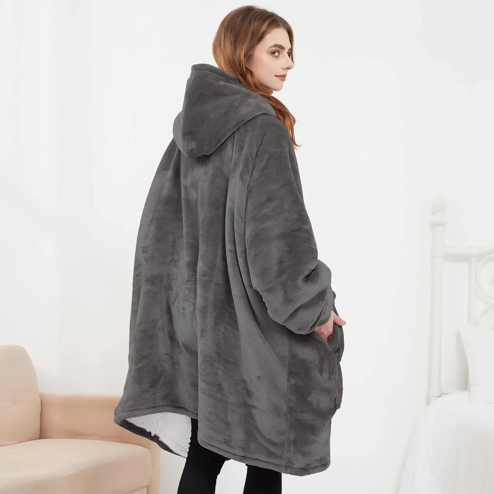 Oversized Wearable Blanket Hoodie with Sleeves Pocket Sherpa Fleece Blanket Sweatshirt Warm Thick Plush Heating Hooded Blankets - Luvia