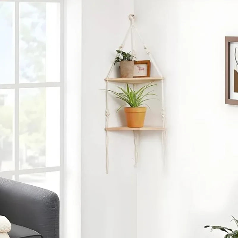 Corner Shelf Macrame Wall Hanging Wood Floating Shelves Rustic Boho Wall Shelf Decor Storage Rack for Plants Pots Photo Frames - Luvia