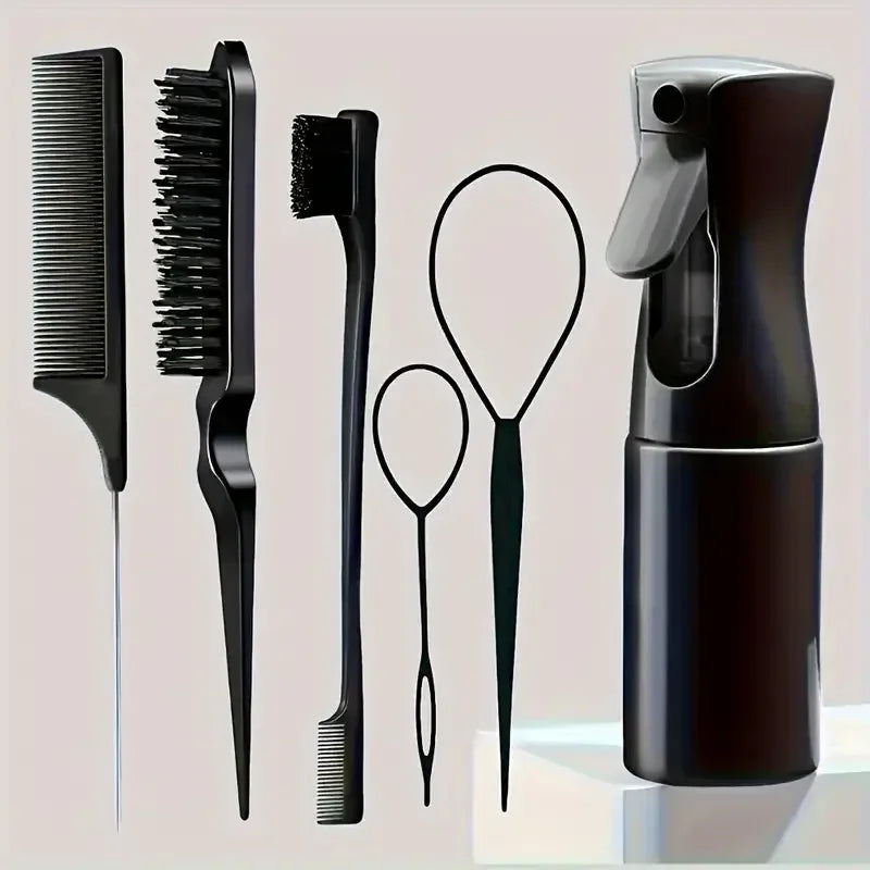 6pcs/Set Hair Brush Set Hairdressing Spray Bottle Hair Braiding Loop Rat Tail Comb Teasing Hair Brsuh Edge Control Hair Brush - Luvia