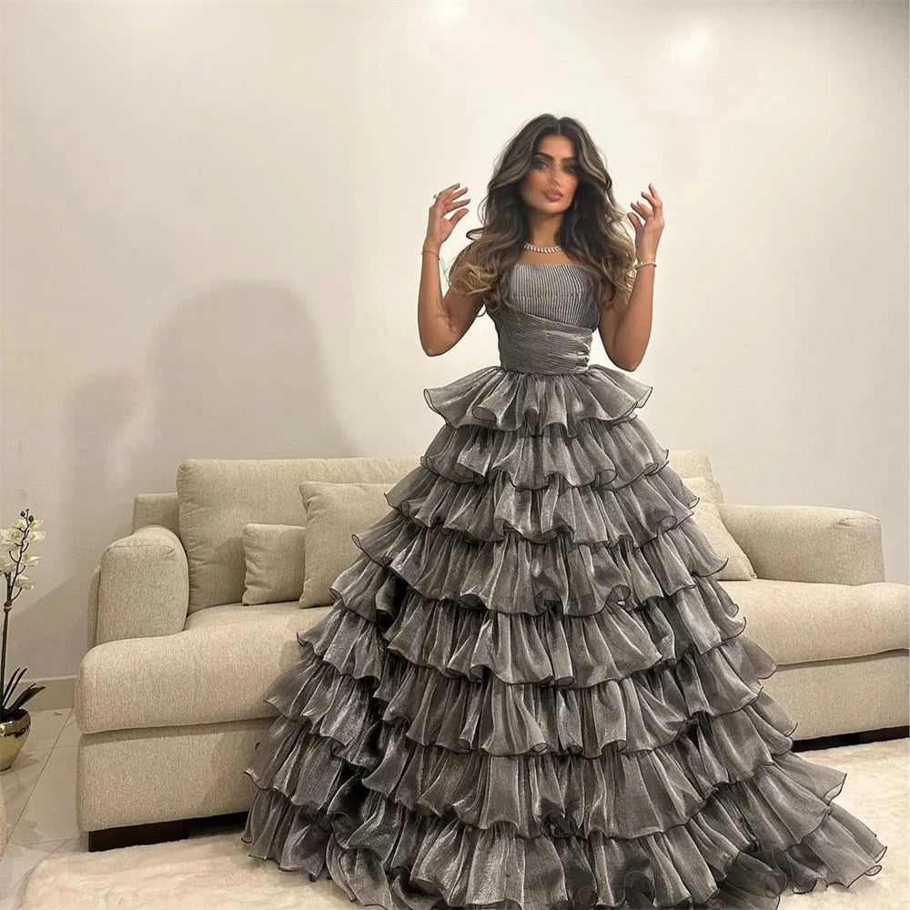 Customized Retro Exquisite Strapless A-line Layered Tulle Formal Occasion Gown vestido de festa longo robe soirée femme luxe