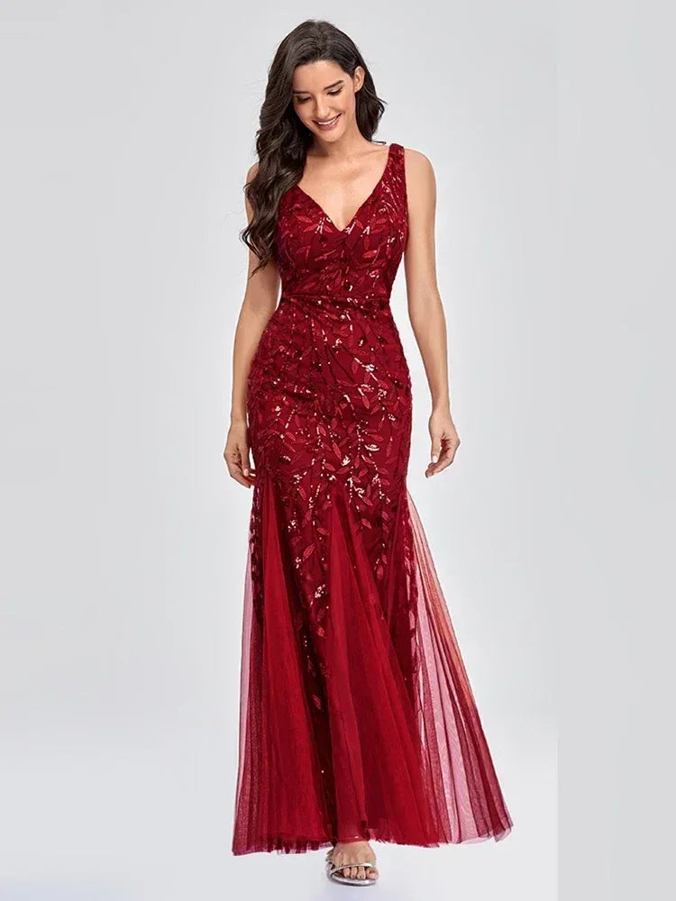 Women's Sleeveless Embroidered Beaded Fabric Evening Gown V Neck Elegant Mermaid Skirt Dress Formal Party Dress Catwalk Stage - Luvia