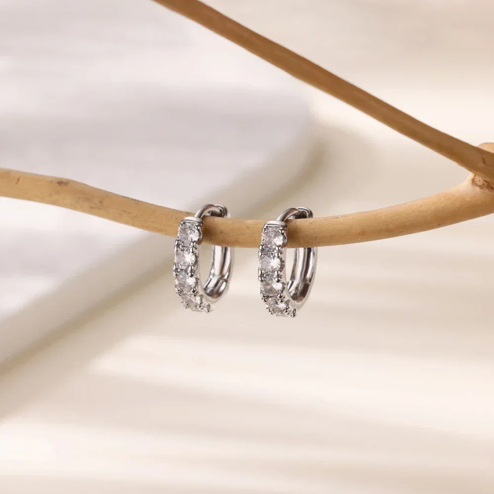 Cubic Zirconia Round Hoop Earrings - Stainless Steel - Luvia
