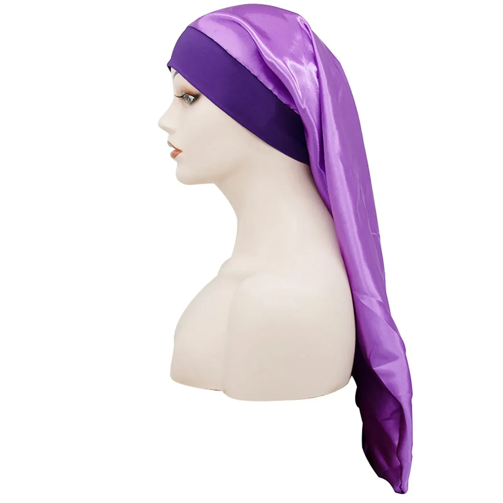 Long Satin Bonnet Sleep Cap Silk Sleeping Cap with Wide Elastic Band Loose Night Hat for Women Braids Curly Hair Black - Luvia