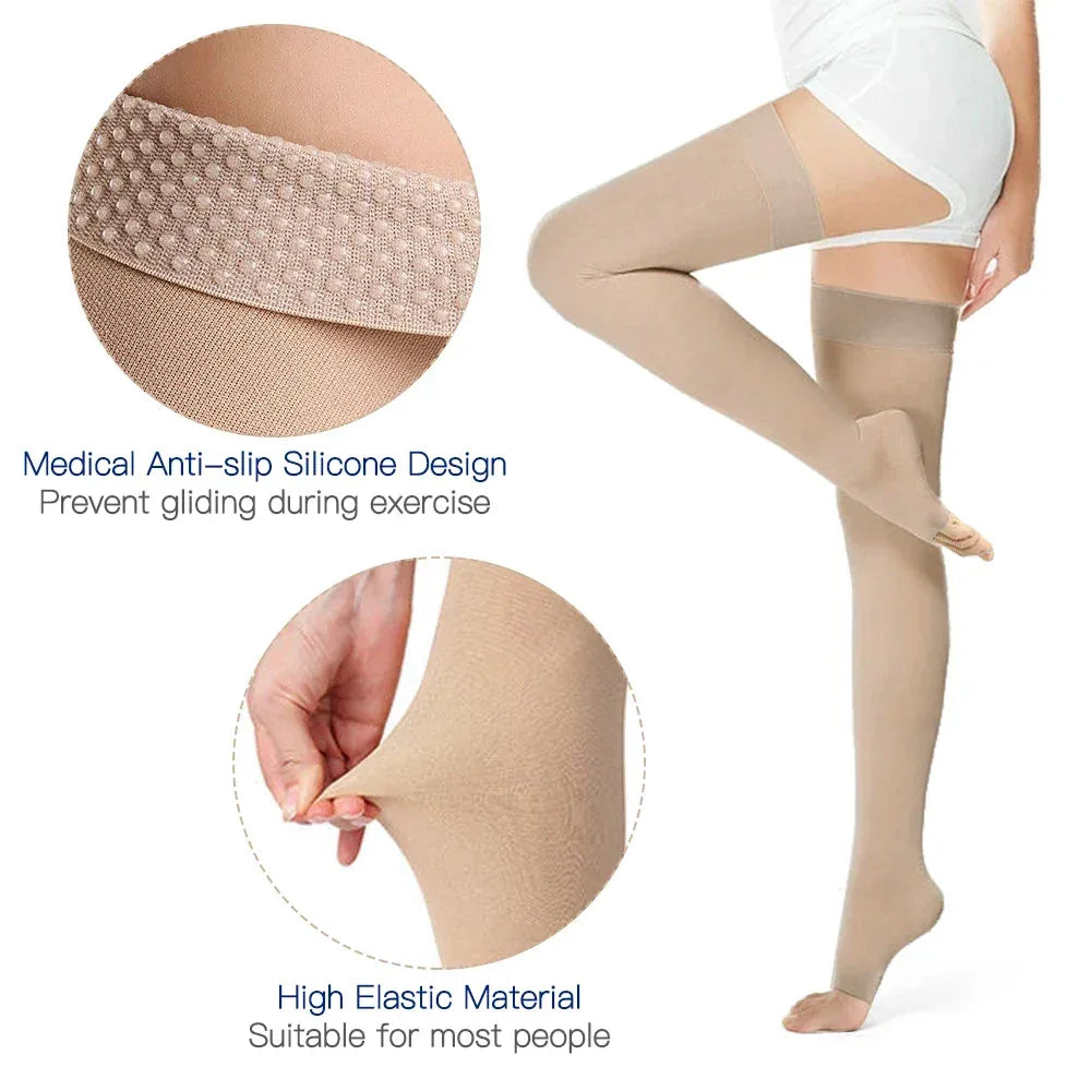 1Pair Relief Thigh High Graduated Compression Socks, 20-30 mmHg - Comfortable Unisex Design with Silicone Dot Band - Open Toe - Luvia