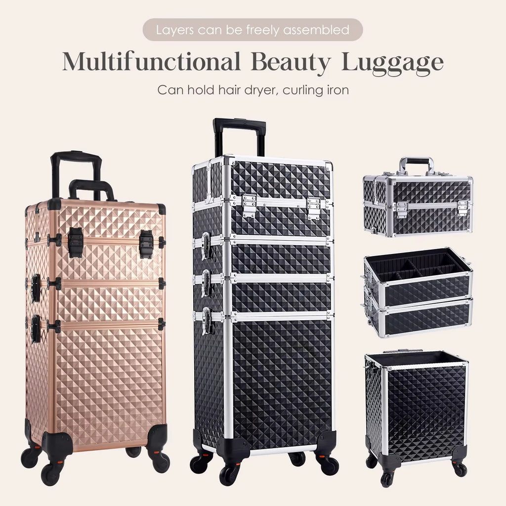 Rolling Makeup Train Case Cosmetic Trolley 4 in 1 Large Capacity Makeup Travel Case with Key  Wheels Salon Barber Case Traveling