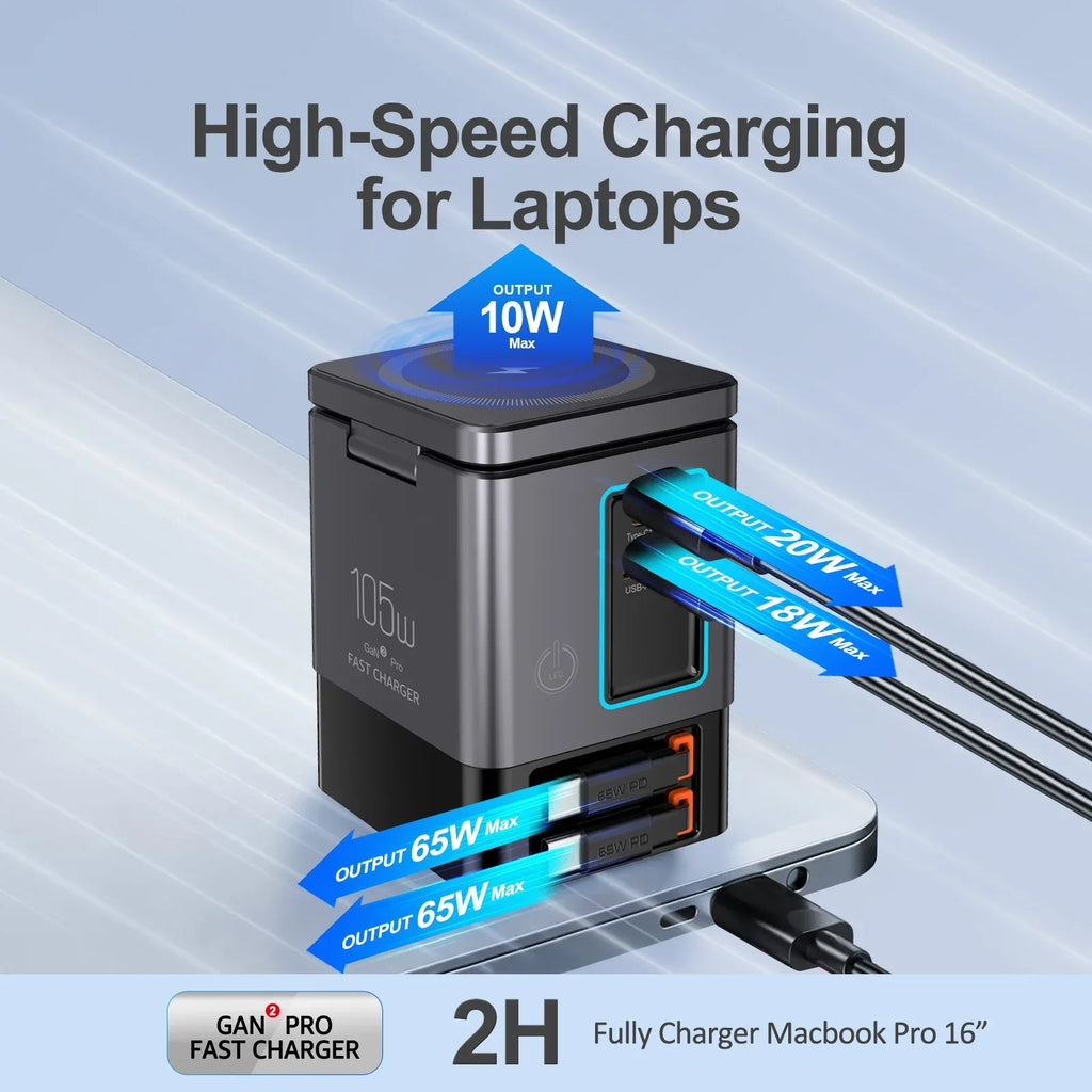 6-in-1 Charging Station with Retractable USB-C Cable Power Combo Tower 105W for Multiple Devices Fast Charger for iPhone Airpod - Luvia