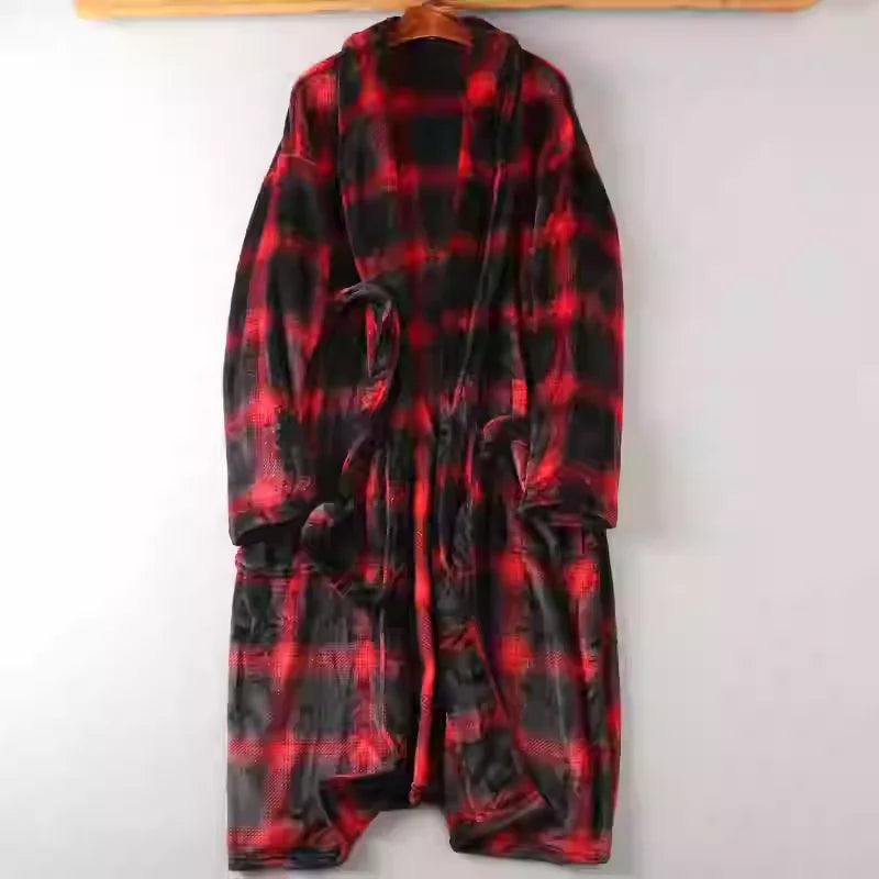 Men's Nightgown Home clothes Robes Winter warmth flannel bathrobe Plaid Pajamas Male lounge sleepwear