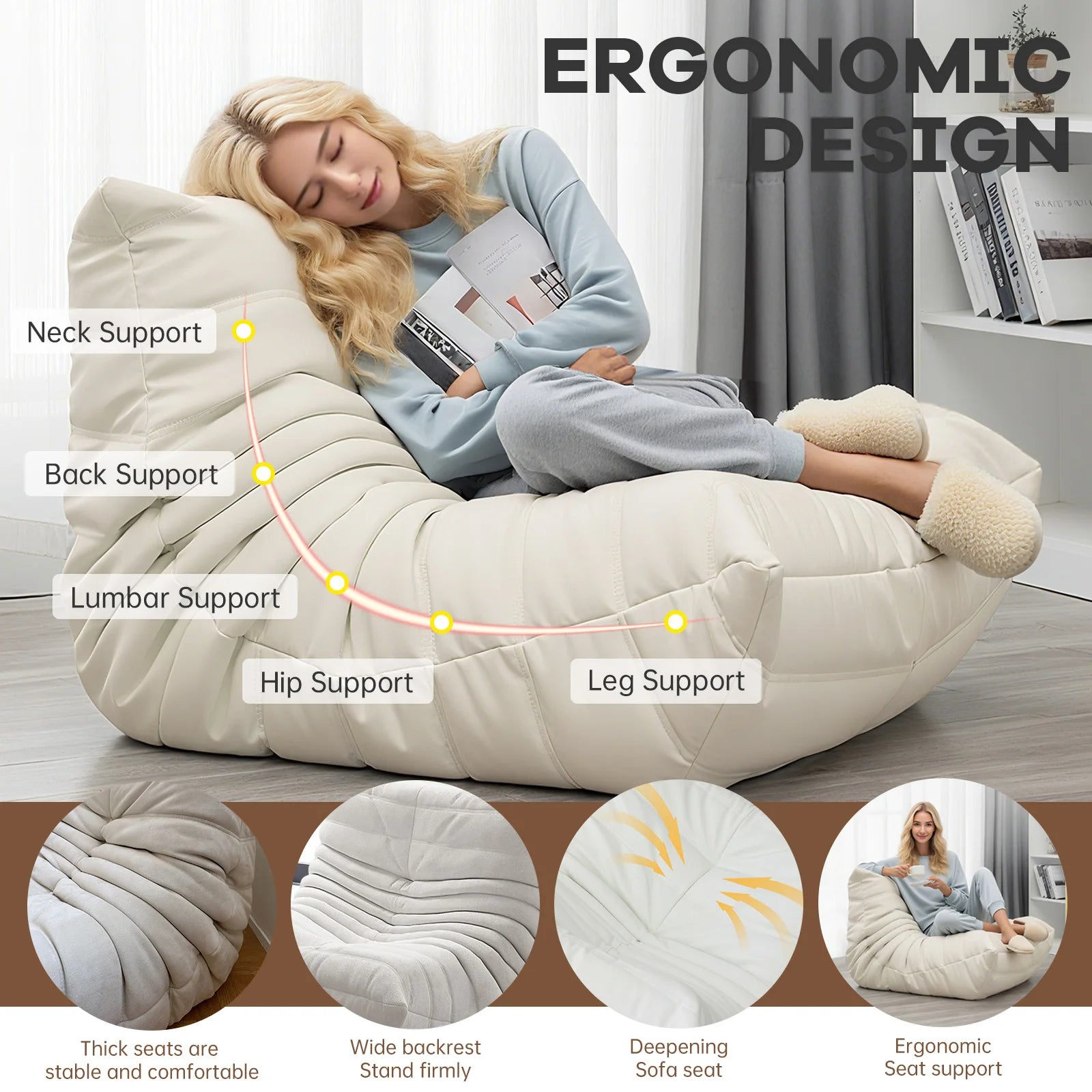 Modern Living Room, Adult Bean Bag Floor Sofa, Super Soft and Comfortable Memory Foam Lazy Sofa,  Recliner Furniture, Suitable f