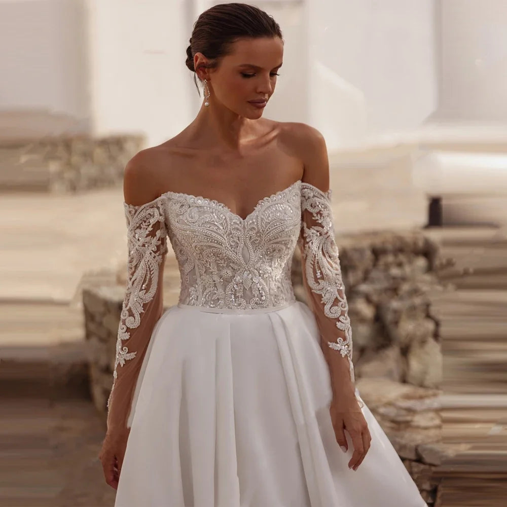 Customized Celebrity A-Line Satin Wedding Dresses For Women Lace Long Sleeves Prom Gowns Formal Lace Applique Vestidos De Novias