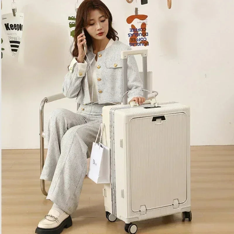 Front Opening Large Capacity Rolling Luggage Case Aluminum Frame ABS+PC Trolley Case Suitcase USB Charging Boarding Case - Luvia