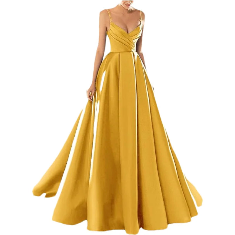 Customized Women's Satin Prom Dresses Formal Gowns Long Spaghetti Strap V-Neck A-line Simple Evening Party Dress with Pockets
