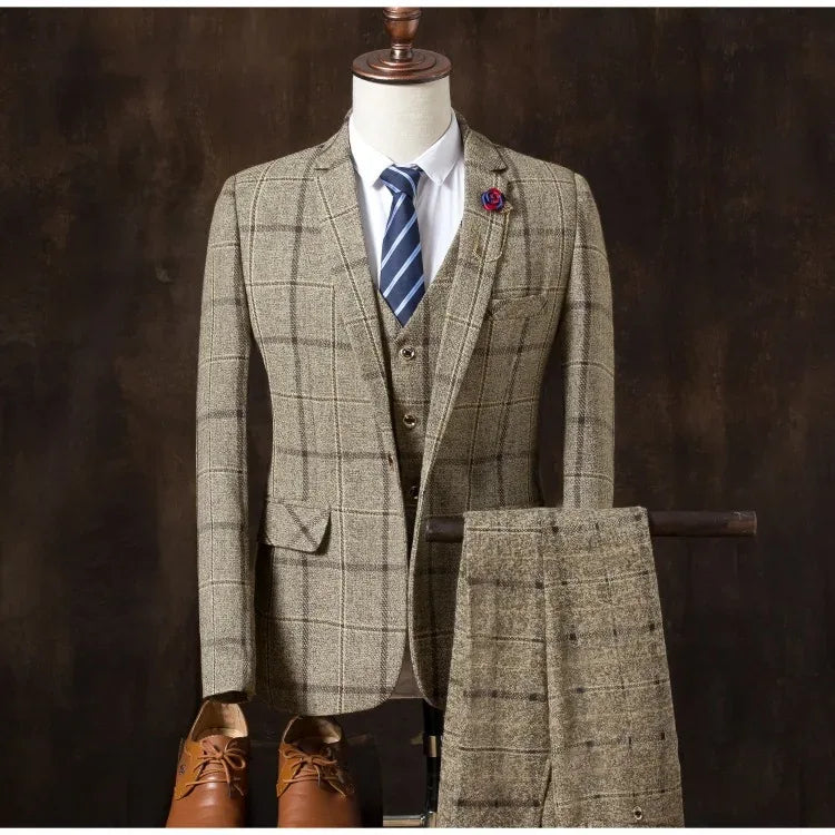 Formal Groom Wear 3 Piece (Blazer+ Vest + Pants) Men's Suit Fashion Business Gentleman Wedding Casual Plaid Cotton Linen Jacket - Luvia