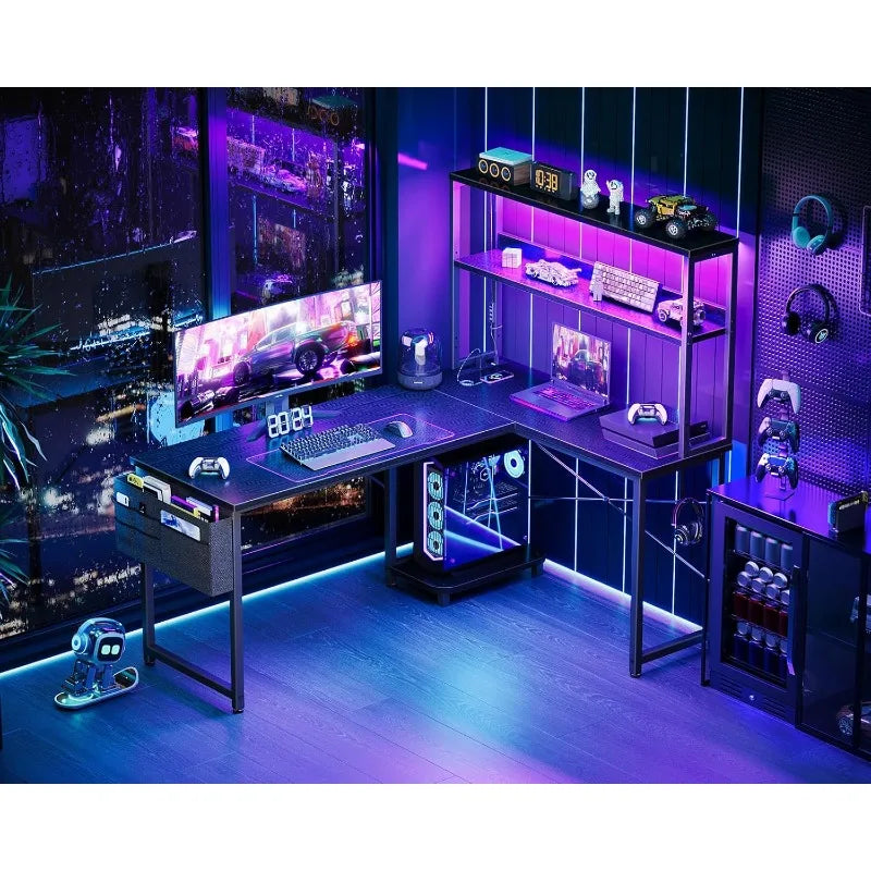 L Shaped Desk Gaming Desk with LED Light & Power Outlet, 53 Inch Reversible L Shaped Computer Table with Shelf & Storage Ba