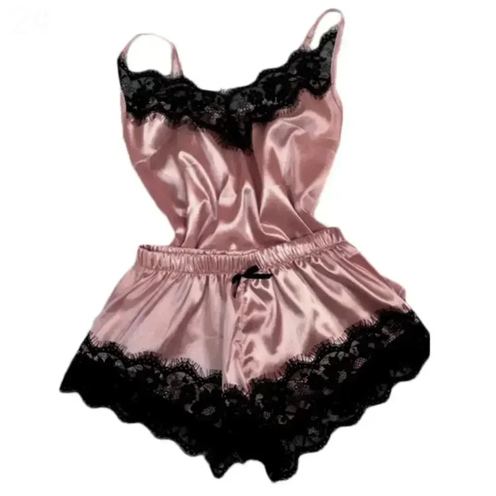 Summer Lace Silk Pajama Set for Women Sleepwear Sexy Lingerie Cami Top and Shorts Sets Comfortable Casual Pijamas - Luvia