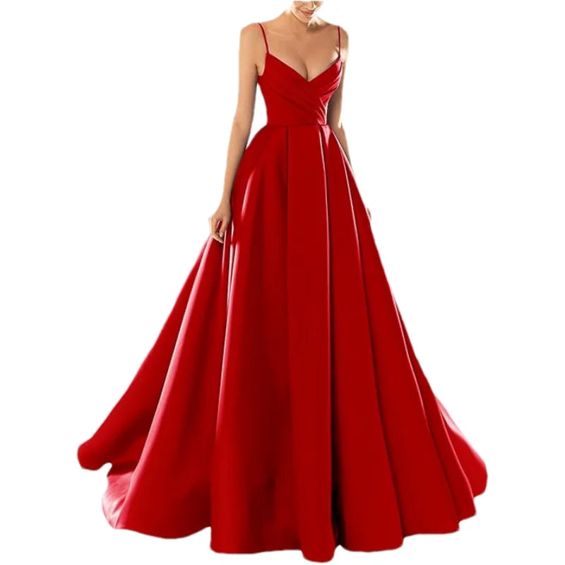 Customized Women's Satin Prom Dresses Formal Gowns Long Spaghetti Strap V-Neck A-line Simple Evening Party Dress with Pockets