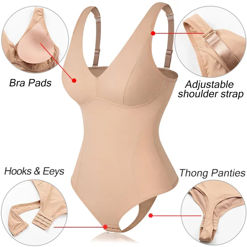 Shapewear Bodysuit Thong Body Shaper for Women Waist Trainer Corset Deep V Neck Slimming Underwear Built-in Bra Camisoles Tops - Luvia