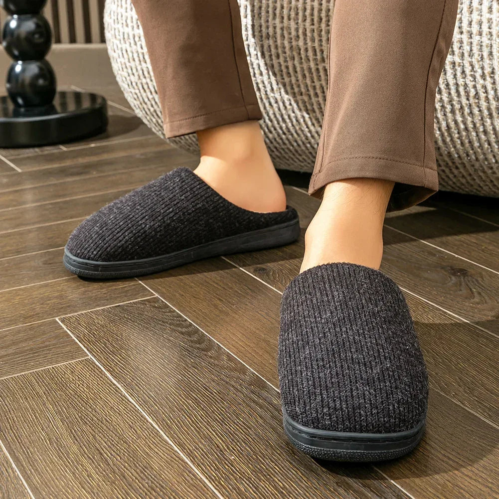 Memory Foam Cushion Slippers men Suede TPR Sole Platform Warm Soft Non Slip Stripe Comfortable Indoor Shoes Knited - Luvia