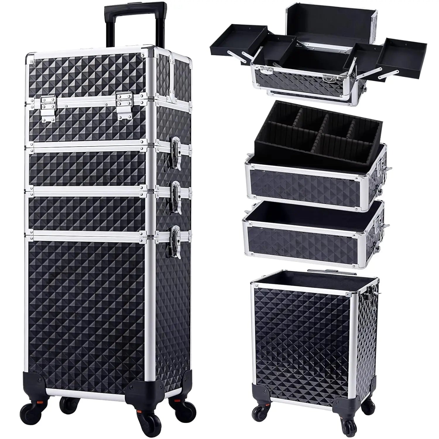Rolling Makeup Train Case Cosmetic Trolley 4 in 1 Large Capacity Makeup Travel Case with Key  Wheels Salon Barber Case Traveling