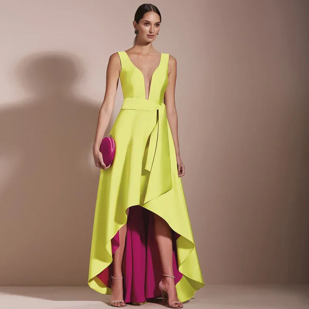 Formal Party Dress for Women Deep V Neck A Line Asymmetrical Evening Long Sleeveless High-Low Color Contrast Gowns - Luvia