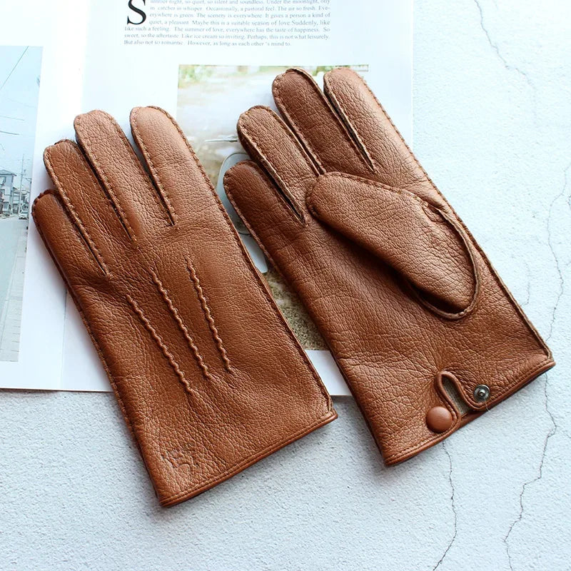 Deerskin Gloves Men's Touch Screen High-Quality Leather 2025 New Hand-Stitched Thin Wool Lining Keeps Warm in Autumn and Winter - Luvia