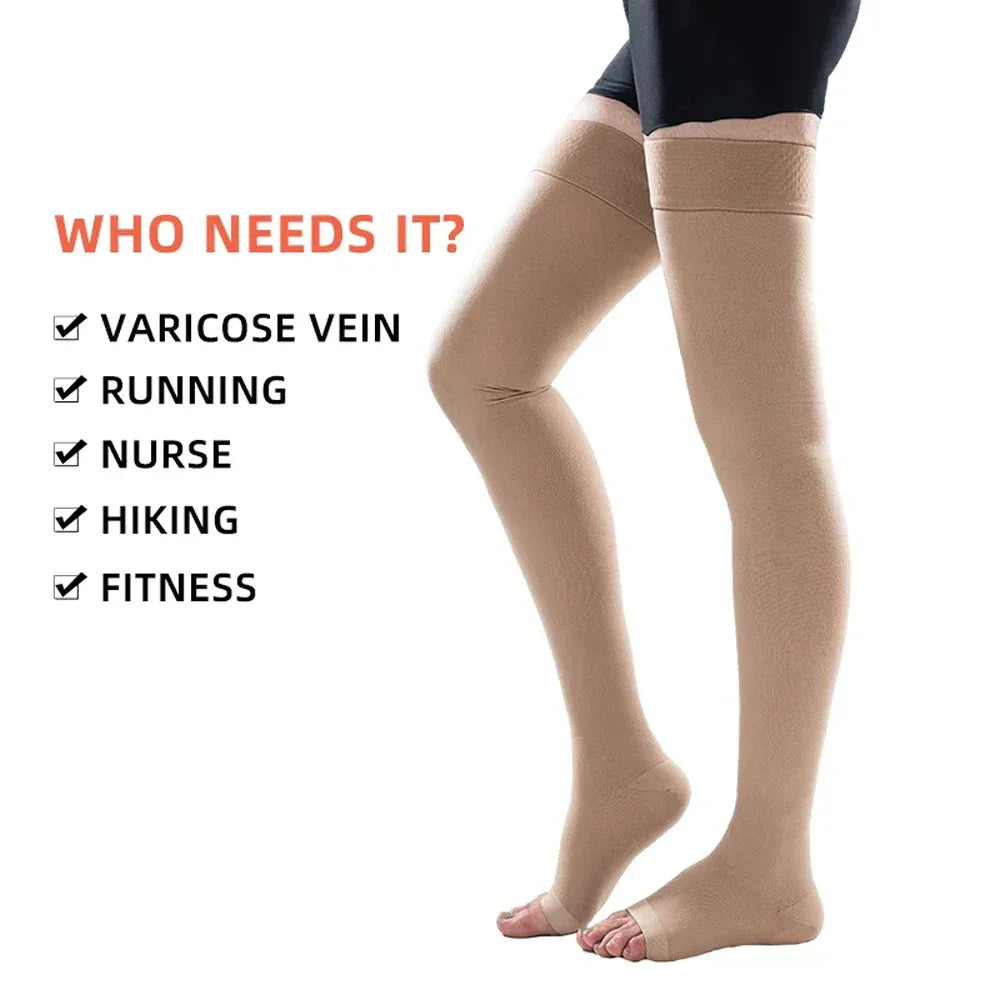 1Pair Relief Thigh High Graduated Compression Socks, 20-30 mmHg - Comfortable Unisex Design with Silicone Dot Band - Open Toe - Luvia