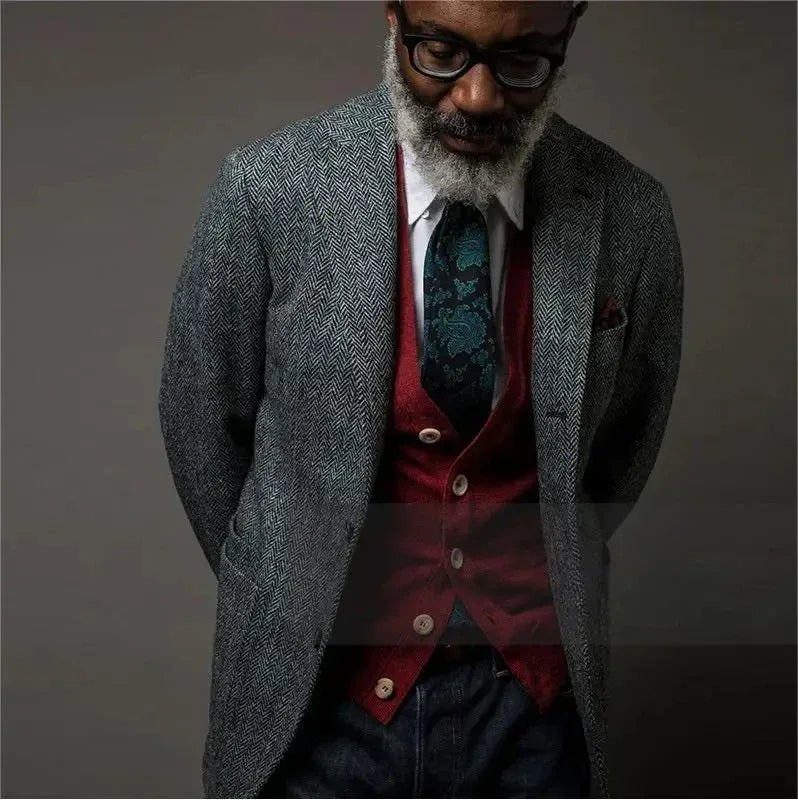 Men's Suit Brown Blazer Prom Tuxedos Herringbone Wool Tweed Single Breasted Formal Bussiness Wedding Groom's Jacket (Only Coat) - Luvia