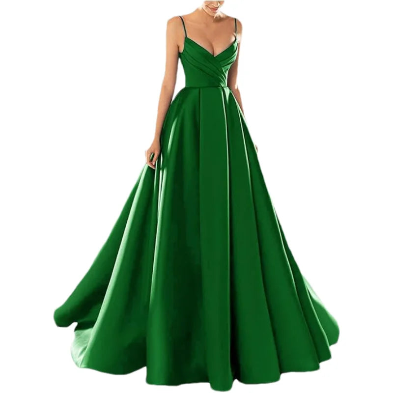 Customized Women's Satin Prom Dresses Formal Gowns Long Spaghetti Strap V-Neck A-line Simple Evening Party Dress with Pockets