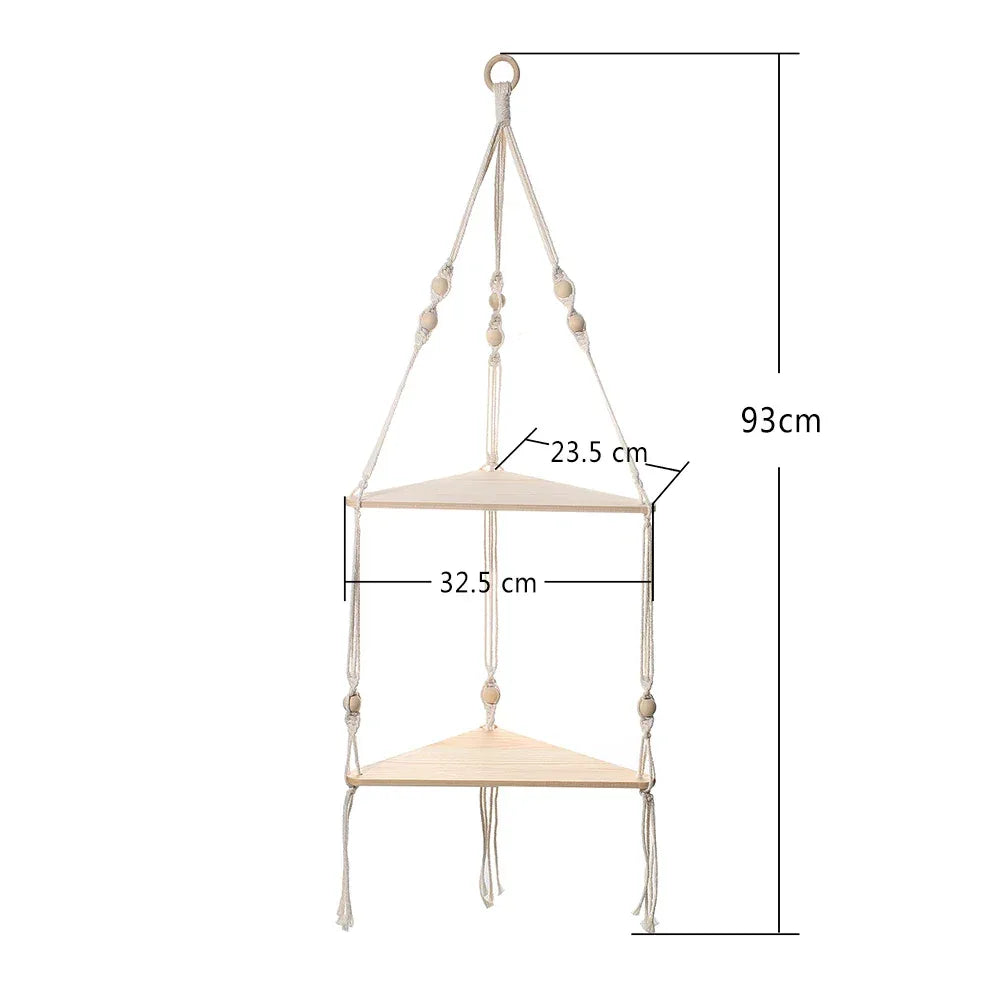 Corner Shelf Macrame Wall Hanging Wood Floating Shelves Rustic Boho Wall Shelf Decor Storage Rack for Plants Pots Photo Frames - Luvia
