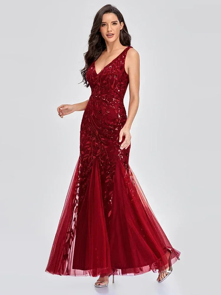 Women's Sleeveless Embroidered Beaded Fabric Evening Gown V Neck Elegant Mermaid Skirt Dress Formal Party Dress Catwalk Stage - Luvia