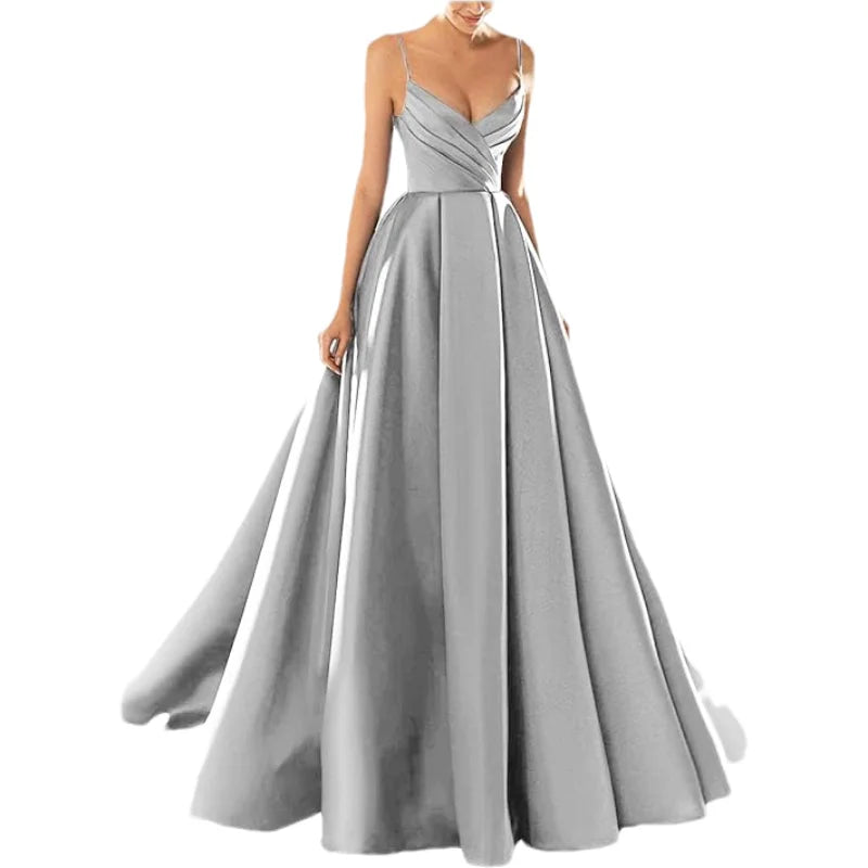Customized Women's Satin Prom Dresses Formal Gowns Long Spaghetti Strap V-Neck A-line Simple Evening Party Dress with Pockets