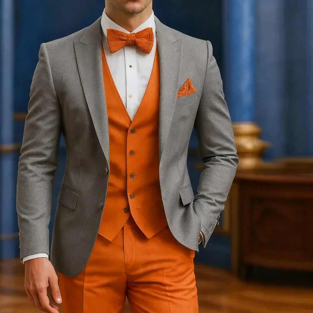 Men's Formal White And Orange Suit Occasion Wedding Groomsmen Graduation Dance Smoking 3 Piece Tuxedo Traditional Male Attire - Luvia